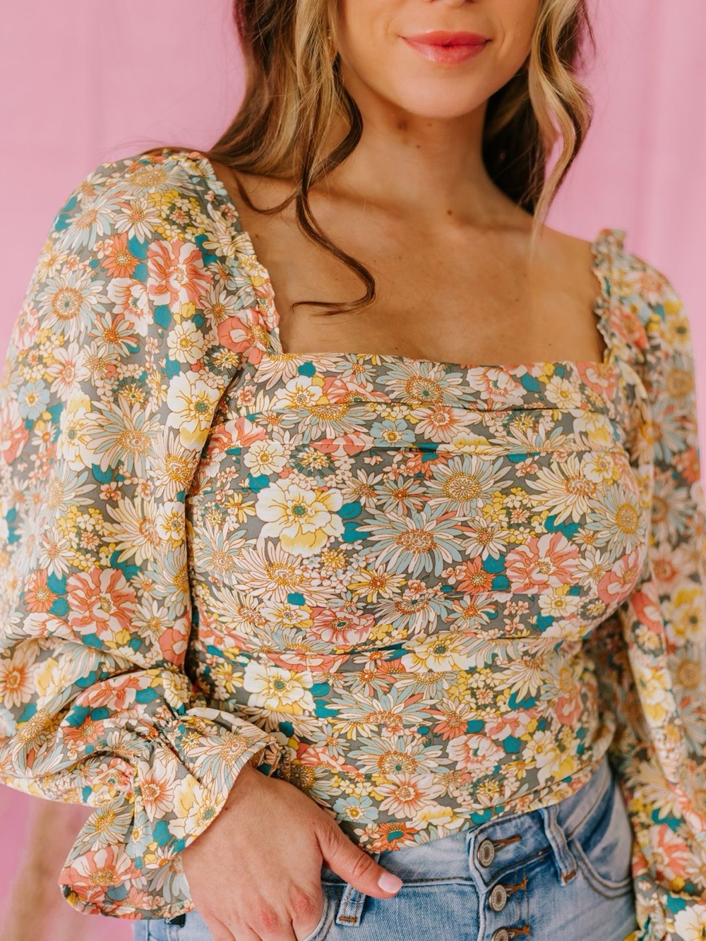 Entro Floral Smocked Crop Top Boho Cottagecore Puff Sleeve Blouse Size Small